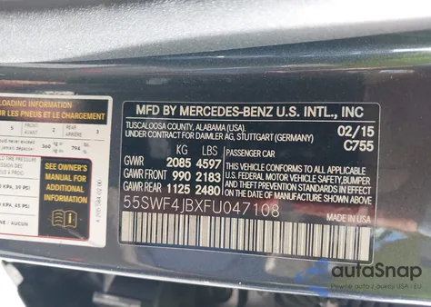 2015 Mercedes-Benz C 300 Luxury/Sport from USA, damaged, VIN 55SWF4JBXFU047108